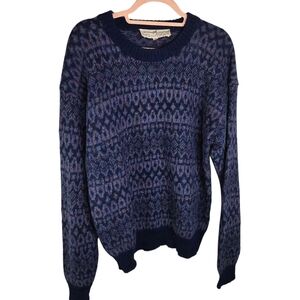 vtg 90s Peruvian Connection Pure Alpaca Blue Jacquard Pattern Crewneck Sweater